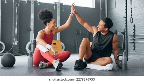 High five woman, personal trainer man for fitness goal in gym or training facility together. Success, black woman motivation or friends at wellness workout, exercise support or partnership for health - Powered by Shutterstock