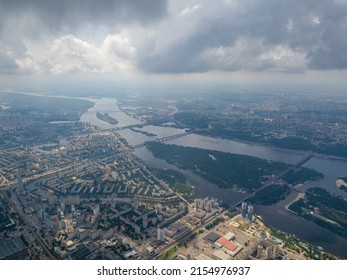 High Flight Over Kiev. Cloudy Day. Aerial Drone View.