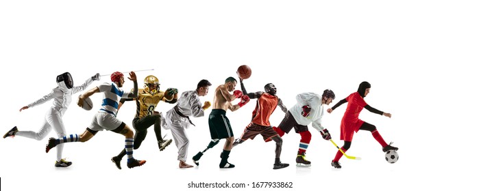 High flight. Young sportsmen running and jumping on white studio background. Concept of sport, movement, dynamic, healthy lifestyle. Training, practicing in motion. Flyer. MMA, fencing, football. - Powered by Shutterstock