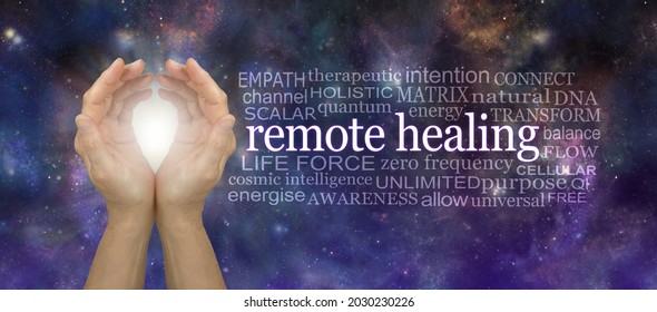 High Frequency remote healing Word Tag Cloud - cupped hands with white light beside a REMOTE  HEALING word cloud against a cosmic deep space dark night background

