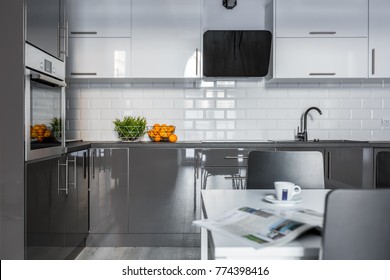 High Gloss White And Gray Cabinets In Modern Kitchen