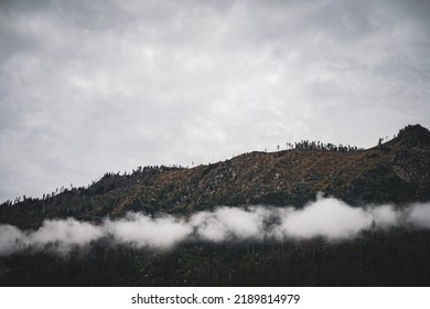 High Green Mountains Covered By Clouds On Top. Italian Dolomites Under A Cloudy Sky. Cold Weather, Humidity And Landscape Photography.