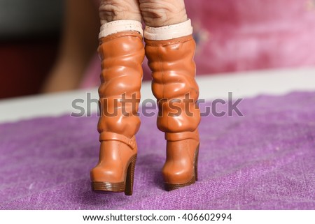 High heel boots, hand finger walking with shoe, walking hand, Stylish leather boots, elegant female high boots, girl heel boots, kid playing barbie boots, girls, ladies brown boots, women boots  