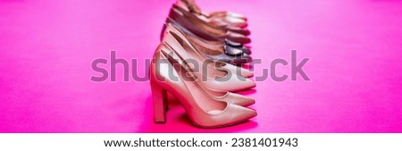 High heel women shoes on red background. Shoe for women. Beauty and fashion concept. Stylish classic women leather shoe.
