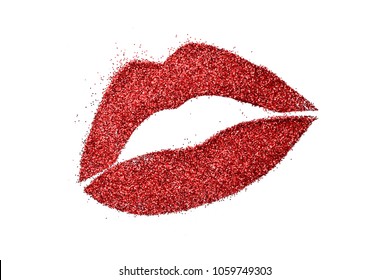 high intense red pigment glitter shiny glossy lip woman on white background creative concept