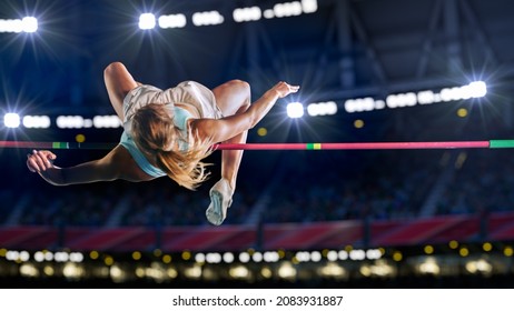 High Jump Championship: Professional Female Athlete on World Championship Successfully Jumping over Bar. Shot of Competition on Stadium with Sports Achievement Experience. Determination of Champion. - Powered by Shutterstock