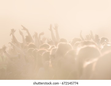 High Key Background With A Picture Of A Crowd Of People On An Open Playground At A Concert. Abstract Soft Focus Image With Copy Space