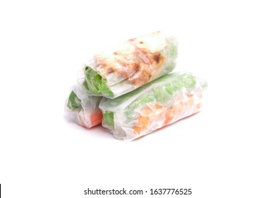 High Key Photo Of Gỏi Cuốn  Or Vietnamese Spring Roll On White Background. Traditional Vietnamese Consisting Of meat, Prawn, vegetables, rice Vermicelli And Other Ingredients Wrapped In Rice Paper.