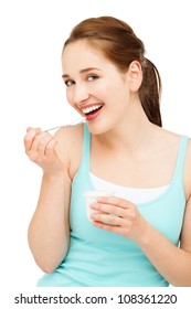 High Key Portrait  Young Caucasian Woman Eating Yogurt At Home On White Background