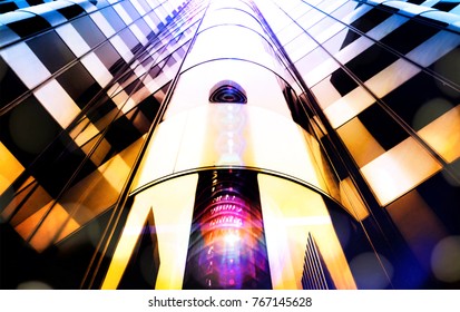 High Key Skyscraper At Sunset With Light Orbs And Reflections