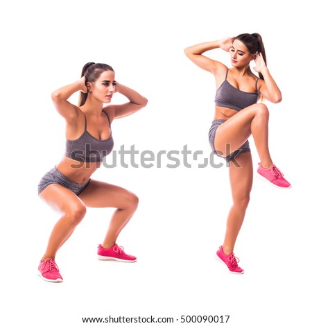 High knee squat exercise. Young woman doing sport exercise.