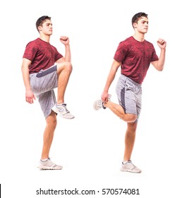 High Knees Butt Kicks. Young man doing sport exercise.