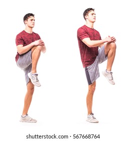 High Knees Twists. Young Man Doing Sport Exercise.