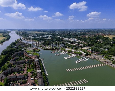 high level aerial view of the re-developed docks area and new marina in Preston, Lancashire, England 