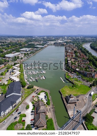 high level aerial view of the re-developed docks area and new marina in Preston, Lancashire, England 