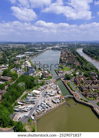 high level aerial view of the re-developed docks area and new marina in Preston, Lancashire, England 