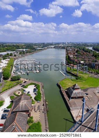 high level aerial view of the re-developed docks area and new marina in Preston, Lancashire, England 