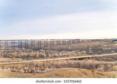 High Level Railway Bridge In Lethbridge With A Train On Top