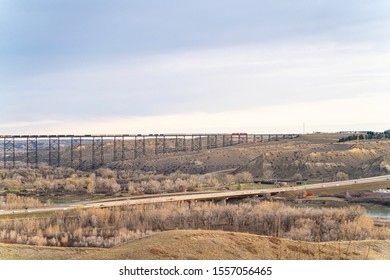 High Level Railway Bridge In Lethbridge With A Train On Top