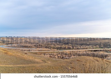 High Level Railway Bridge In Lethbridge With A Train On Top