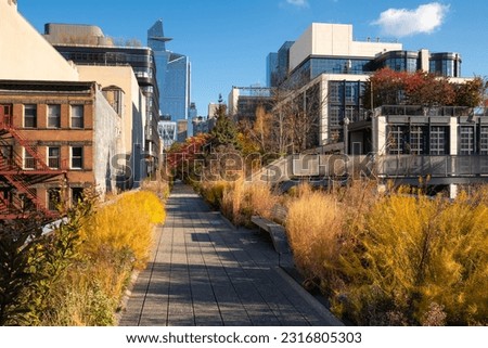 The High Line Park promenade in the heart of Chelsea, Manhattan in autumn. Elevated greenway with view of Hudson Yards skyscrapers. New York City ストックフォト © 