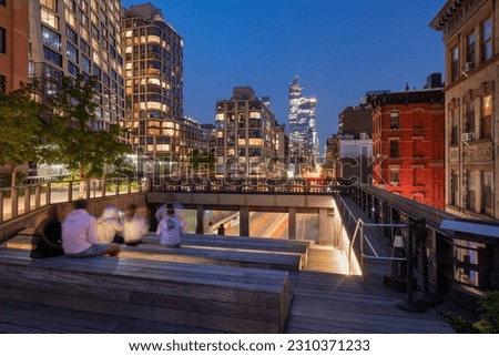 The High Line at twilight from the overpass on 10th Avenue with Hudson Yards skyscrapers. Chelsea, Manhattan, New York City ストックフォト © 
