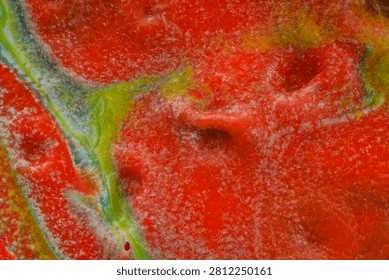 High magnification macro microscopy documenting viscous phase dominance and microstructural pigment flocculation within a multiphase fluid system. The image captures an expansive zone of high density acrylic polymer interacting with localized silicone oil currents under microscopic magnification. Granular surface textures diffuse interfaces and particle aggregation demonstrate complex transport phenomena localized shear stress effects and Marangoni convection gradients. This detailed hydrodynamic visualization serves as empirical visual data for research in non Newtonian fluid mechanics morphology of complex polymer liquids and computational fluid dynamics CFD simulation validation