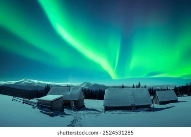 High mountain village with snow-covered wooden houses under incredible night sky with Northern lights. Aurora borealis. Christmas holiday and winter vacations concept - Powered by Shutterstock