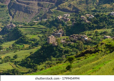 High mountains and a green village in the Yemeni city of Ibb