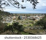 High overview of the historic Victorian-era town of Ferndale, Califorinia, with the Ferndale Cemetery in the foreground and the Pacific Ocean beyond.