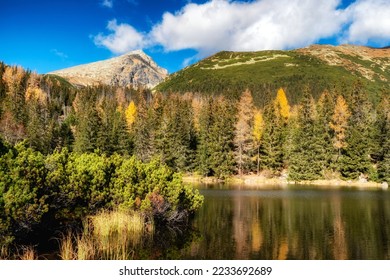 High peak Krivan and mountain lake called Jamske pleso in High Tatras mountains in Slovakia