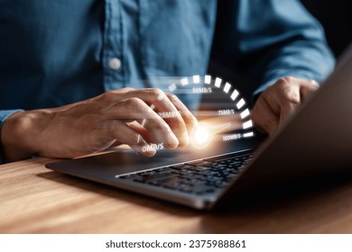 High performance speed internet connection network technology, Man using Internet high speed by smartphone and laptop computer, 5G quality, speed optimization with fiber optic.	
 - Powered by Shutterstock