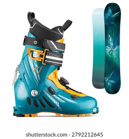 High Performance Teal Ski Boot Isolated on White Background Features an Advanced Alpine Snowboard Binding System Next to a Beautiful Matching Freeride Winter Board Decorated with Vibrant Butterfly Graphic Prints. Premium Quality Mountaineering Footwear Offers Exceptionally Secure Ankle Support Performance While Providing a Sleek Low Profile Ergonomic Outer Shell Layout for Superior Downhill Gliding Acceleration. Built with a Durable Hard Plastic Frame Enclosure and an Adjustable Orange Buckle Fastener Assembly, Complete Backcountry Snowsports Setup Sets a New Standard for Sophisticated Athletic Equipment. A Specialized Set of Flexible Tension Cables with Integrated Micro Adjustment Dial Attachments Is Engineered Elegantly across the Main Instep Zone to Create a Comprehensive Personal Foot Protection Solution That Enhances Rider Control. Displayed Clearly on the Resilient Composite Fiber Board Deck Is a Striking Twin Tip Shape Profile Designed to Deliver Unmatched Powder Flotation Precision for All Passionate Wintertime Athletes throughout the Vacation. Exquisite Sportswear Arrangement Inspires Creative Styling Concepts appropriate for Equipping Luxury Skiing Resort Rental Shops or Upgrading Commercial Retail Display Windows into Highly Functional Decorative Exhibits. From the Carefully Engineered Rubberized Traction Sole Constructed with Deep Walk Mode Grooves to the Soft Thermal Liner Cushioning Visible on the Upper Collar Edge, Every Practical Element Showcases Expert Craftsmanship. Whether You Want to Upgrade from an Older Traditional Strap Binding Configuration or Completely Redesign Your Entire Recreational Touring Gear Kit Layout, Full Slopes Assembly Combines Modern Impact Protection Materials with Time Tested Mechanical Reliability. Bright Colored Outer Shrouds Pair Effortlessly with Necessary Snowboarding Accessories. Professional Winter Sports