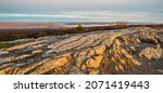 High Point State Park, NJ, overlooking tri-states with Matamoras, PA, and Port Jervis, NY, as fog rises over Delaware River on a late fall morning banner size