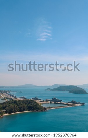 High point view for looking at the location of Sattahip Naval Base with clear sky and blue sea. Sea view and the island close to Sattahip Naval Base, Thailand.