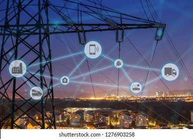 High power electricity poles connected to smart grid. Energy supply, distribution of energy, transmitting energy, energy transmission, high voltage supply concept photo, smart grid, smart home