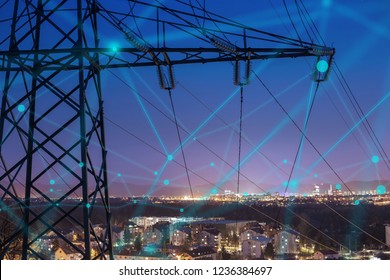High power electricity poles in urban area connected to smart grid. Energy supply, distribution of energy, transmitting energy, energy transmission, high voltage supply concept photo.  - Shutterstock ID 1236384697