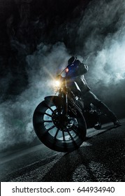 High Power Motorcycle Chopper At Night. Smoke On Background.