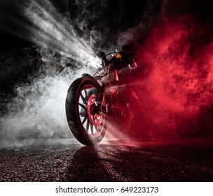 High Power Motorcycle Chopper At Night. Smoke On Background.