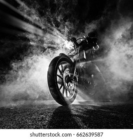 High Power Motorcycle Chopper At Night. Smoke On Background.