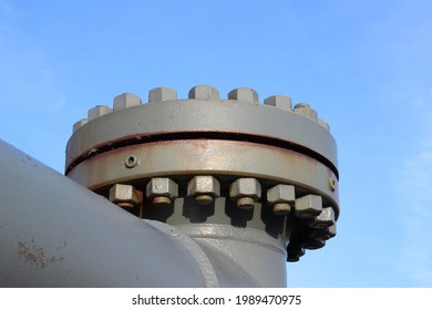 High Pressure Gas Pipeline Bolted Blank Flange Against A Blue Sky