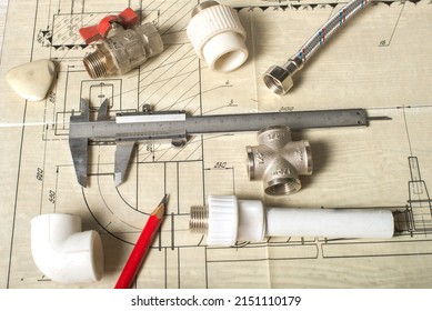 High Pressure Hoses, Plumbing Fittings, Flanges, Nuts And Caliper Are On The Blueprint