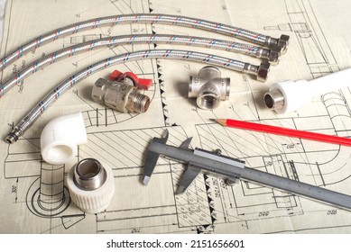 High Pressure Hoses, Plumbing Fittings, Flanges, Nuts And Caliper Are On The Blueprint