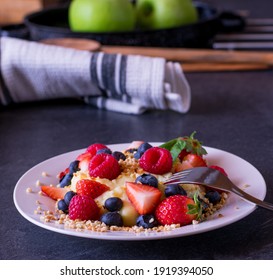 High Protein Breakfast With A Delicious Sugar Free Vanilla Pudding, Fresh Berries And Roasted Almonds.