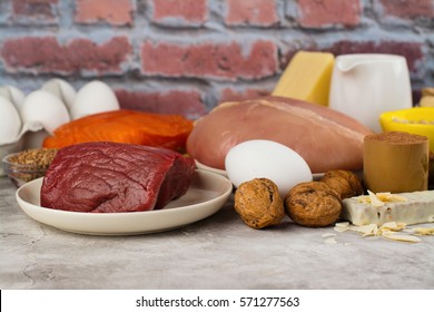 High Protein Food - Fish, Meat, Poultry, Nuts, Eggs. Products Goof For Healthy Hair. Space For Text