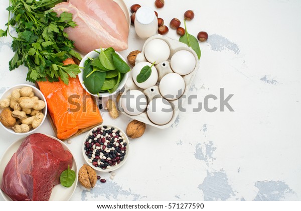 High protein food - fish,\
meat, poultry, nuts, eggs. Products goof for healthy hair. Space\
for text