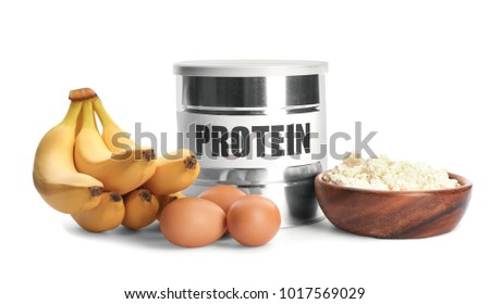 High protein food and powder on white background