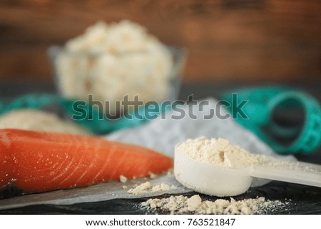 High protein food and powder on table