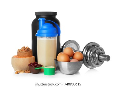 High Protein Food, Powder And Shake On White Background