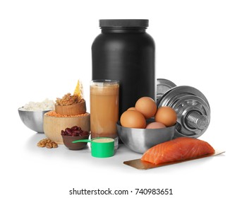 High Protein Food, Powder And Shake On White Background